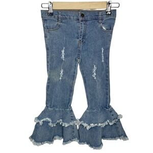 Ying Shang Jeans Girls Ruffle Flare Retro Denim Blue Jeans Youth Size 5